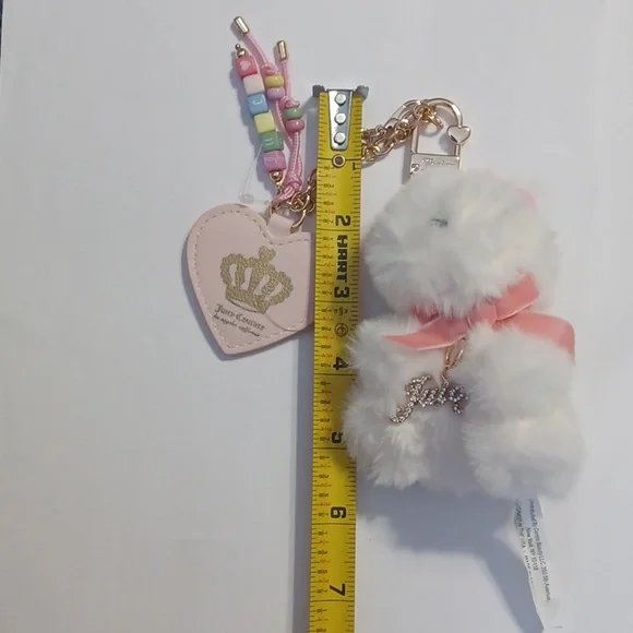 Pink & White Plush Teddy Keychain Bag Charm - Cute Heart Accent - Picture 3 of 6